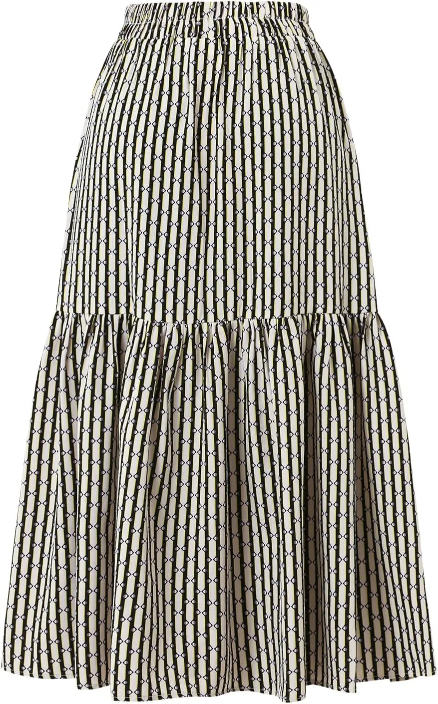 Women's Elastic Waist Skirt Spring Summer Autumn Striped Plaid Skirt Pleated MIDI Skirt