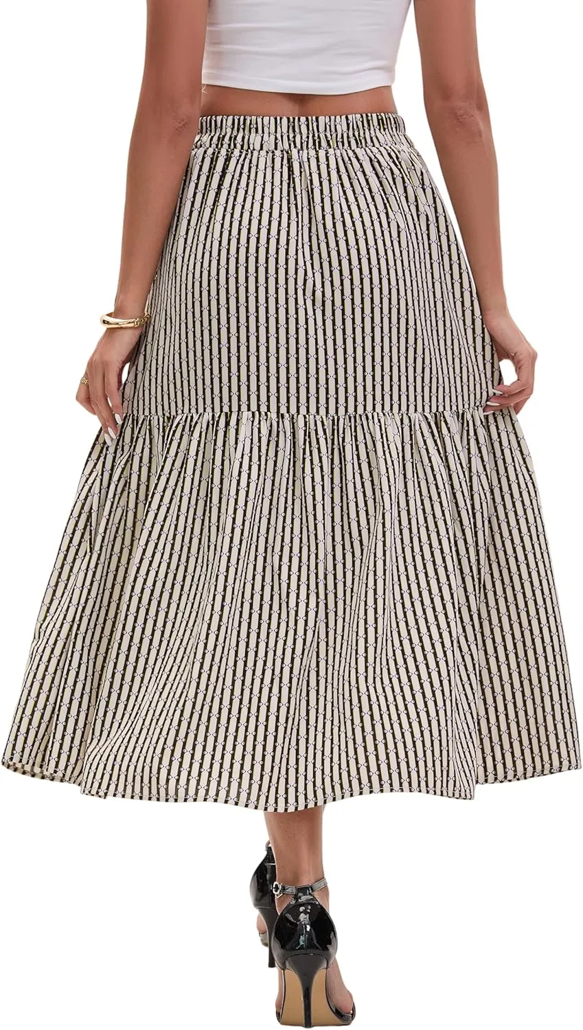 Women's Elastic Waist Skirt Spring Summer Autumn Striped Plaid Skirt Pleated MIDI Skirt