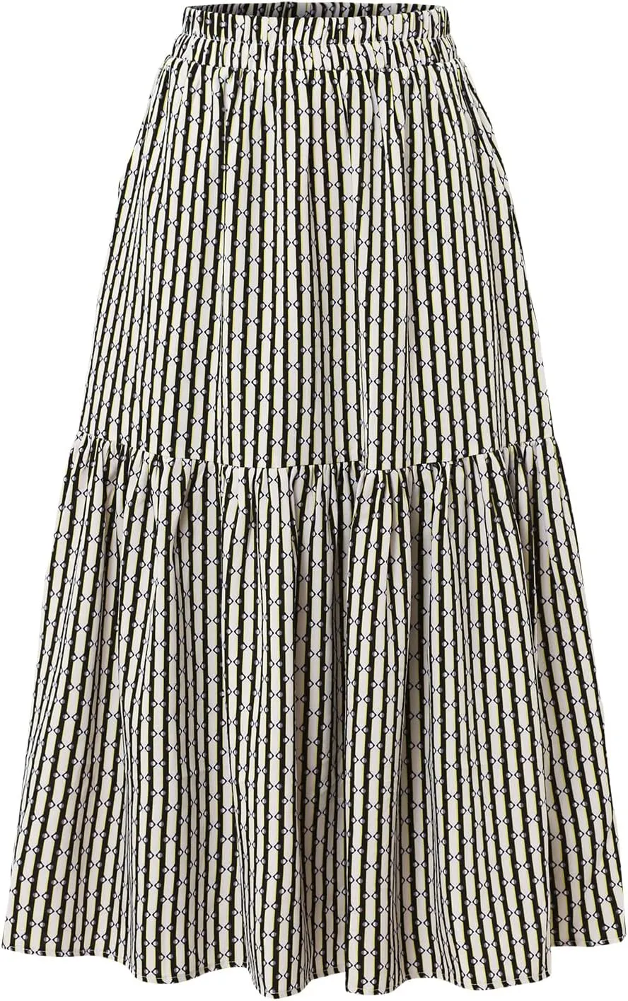 Women's Elastic Waist Skirt Spring Summer Autumn Striped Plaid Skirt Pleated MIDI Skirt