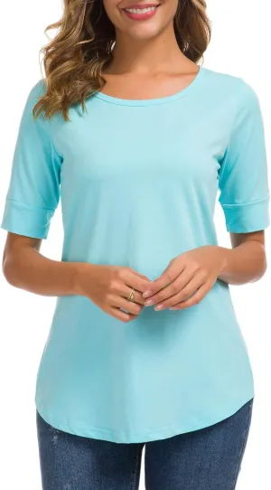 Womens Elbow Length Sleeve Tops Summer Fashion Cotton Blouses Casual Tunic Tee Shirts