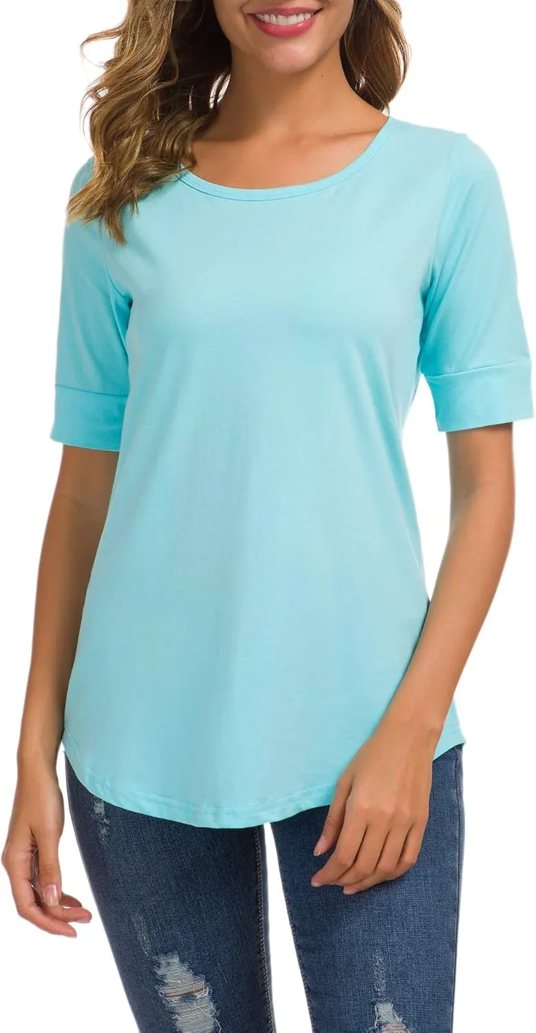 Womens Elbow Length Sleeve Tops Summer Fashion Cotton Blouses Casual Tunic Tee Shirts