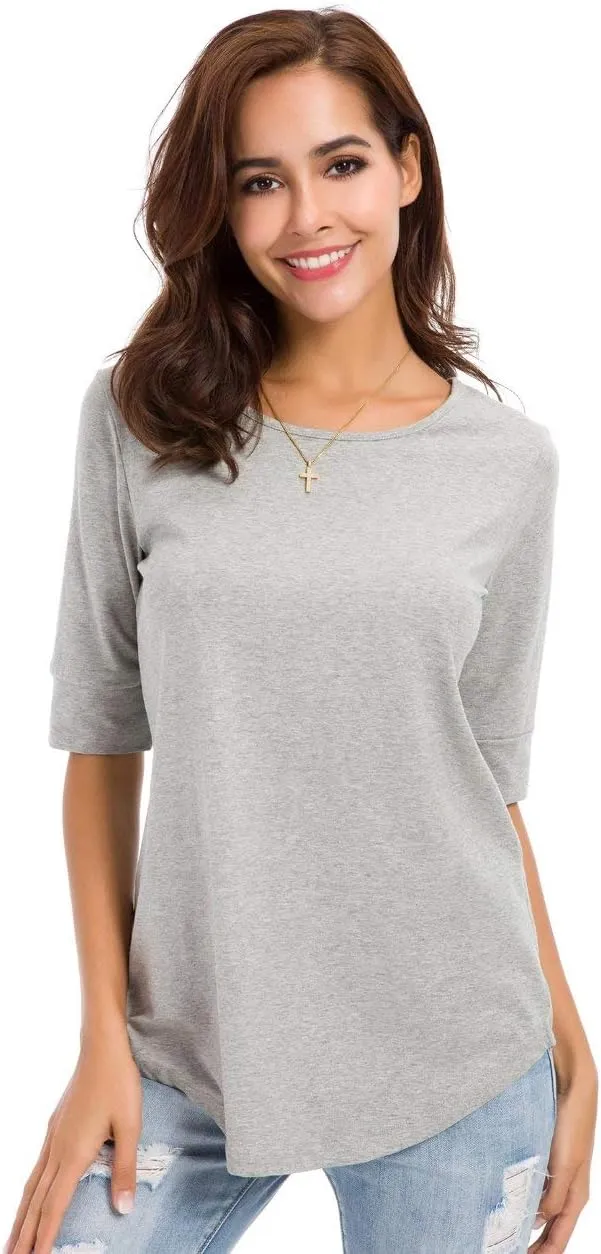 Womens Elbow Length Sleeve Tops Summer Fashion Cotton Blouses Casual Tunic Tee Shirts