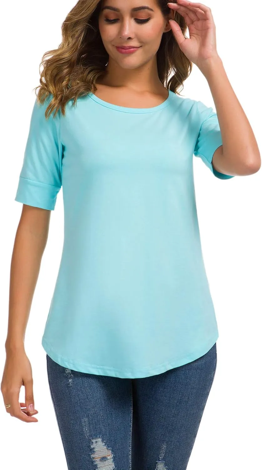 Womens Elbow Length Sleeve Tops Summer Fashion Cotton Blouses Casual Tunic Tee Shirts