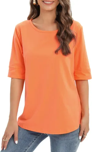 Womens Elbow Length Sleeve Tops Summer Fashion Cotton Blouses Casual Tunic Tee Shirts