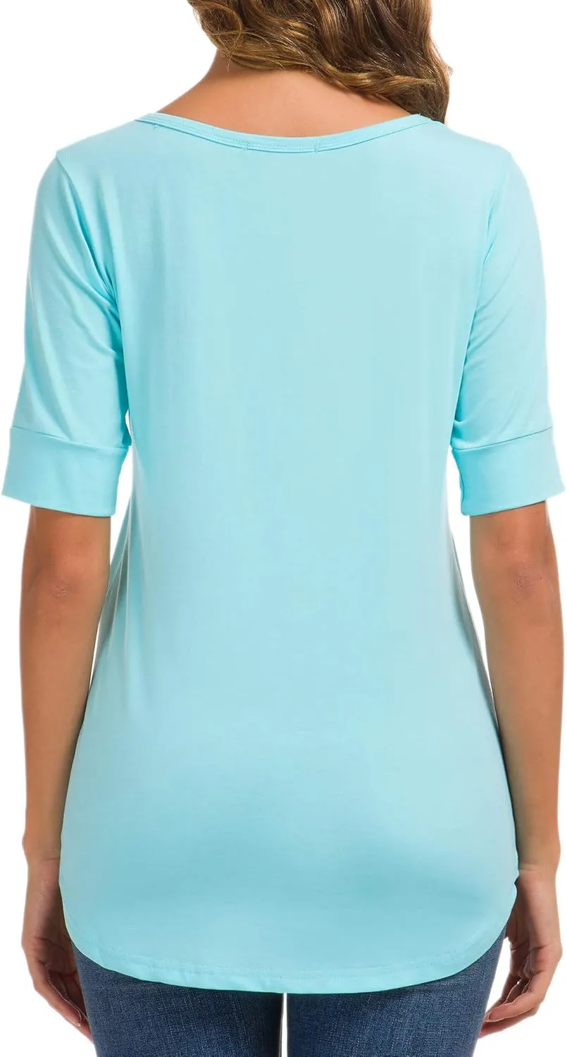 Womens Elbow Length Sleeve Tops Summer Fashion Cotton Blouses Casual Tunic Tee Shirts