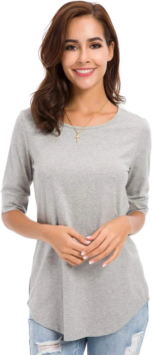 Womens Elbow Length Sleeve Tops Summer Fashion Cotton Blouses Casual Tunic Tee Shirts
