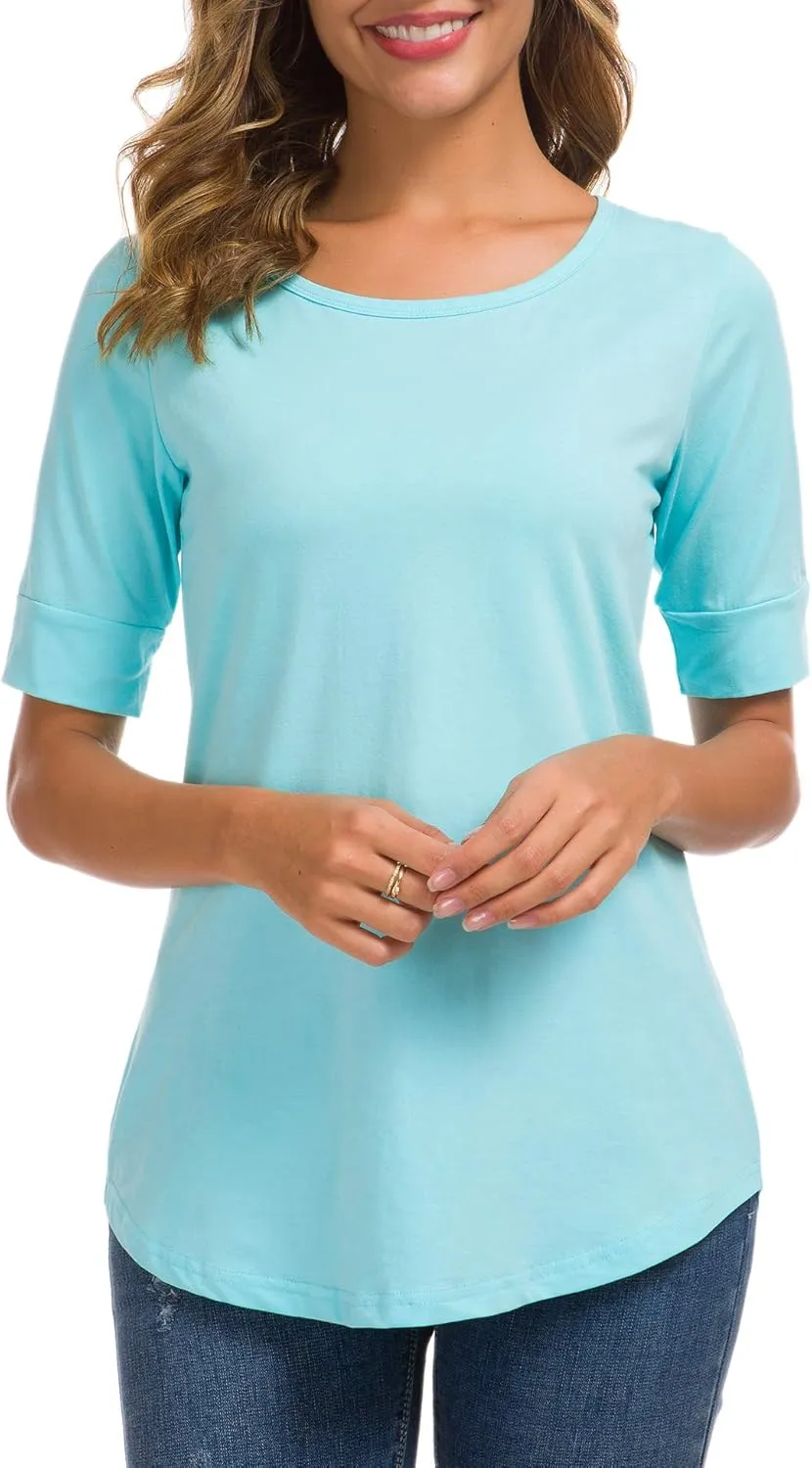 Womens Elbow Length Sleeve Tops Summer Fashion Cotton Blouses Casual Tunic Tee Shirts