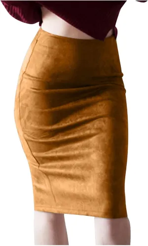 Women's Faux Suede Bodycon Skirt Vintage High Waist Pencil Midi Skirts Stretch Soft Comfort Casual Solid Dress