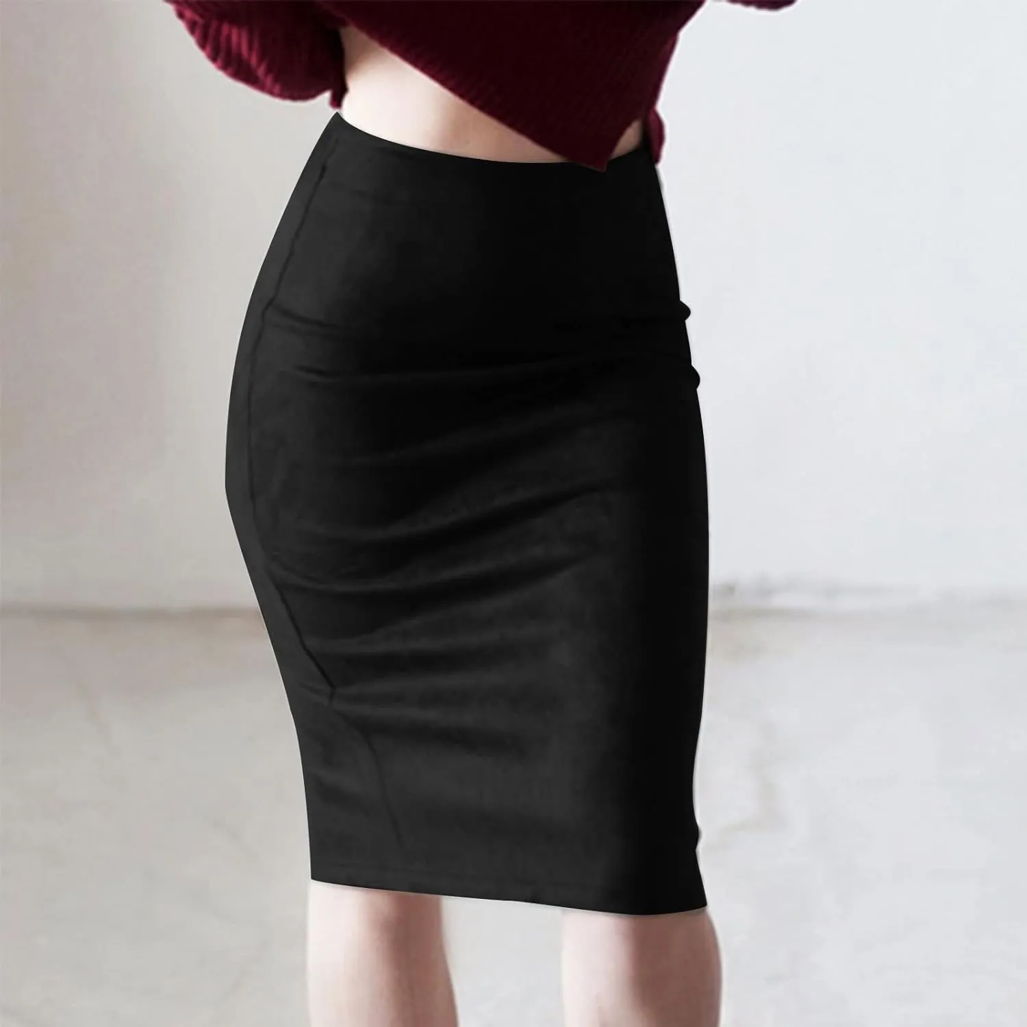 Women's Faux Suede Bodycon Skirt Vintage High Waist Pencil Midi Skirts Stretch Soft Comfort Casual Solid Dress