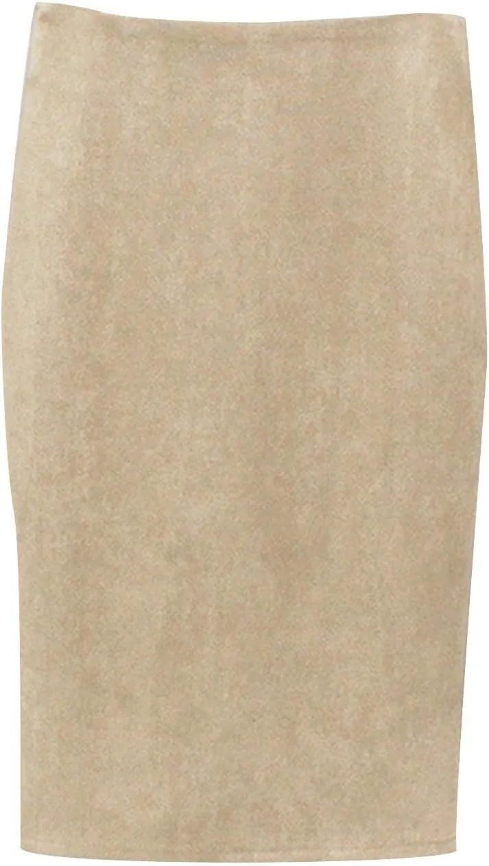 Women's Faux Suede Bodycon Skirt Vintage High Waist Pencil Midi Skirts Stretch Soft Comfort Casual Solid Dress