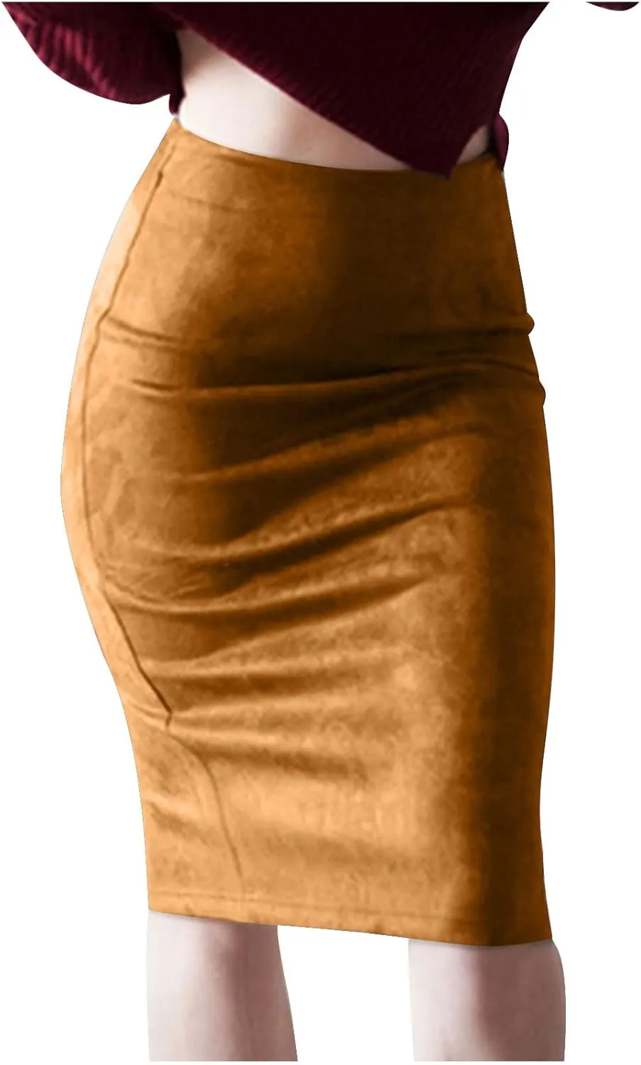 Women's Faux Suede Bodycon Skirt Vintage High Waist Pencil Midi Skirts Stretch Soft Comfort Casual Solid Dress