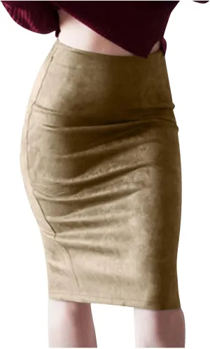 Women's Faux Suede Bodycon Skirt Vintage High Waist Pencil Midi Skirts Stretch Soft Comfort Casual Solid Dress