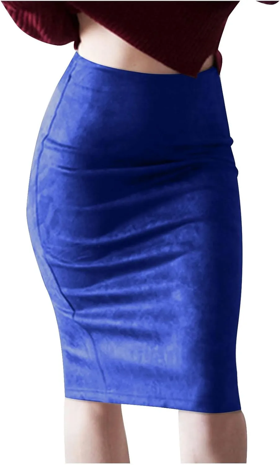 Women's Faux Suede Bodycon Skirt Vintage High Waist Pencil Midi Skirts Stretch Soft Comfort Casual Solid Dress