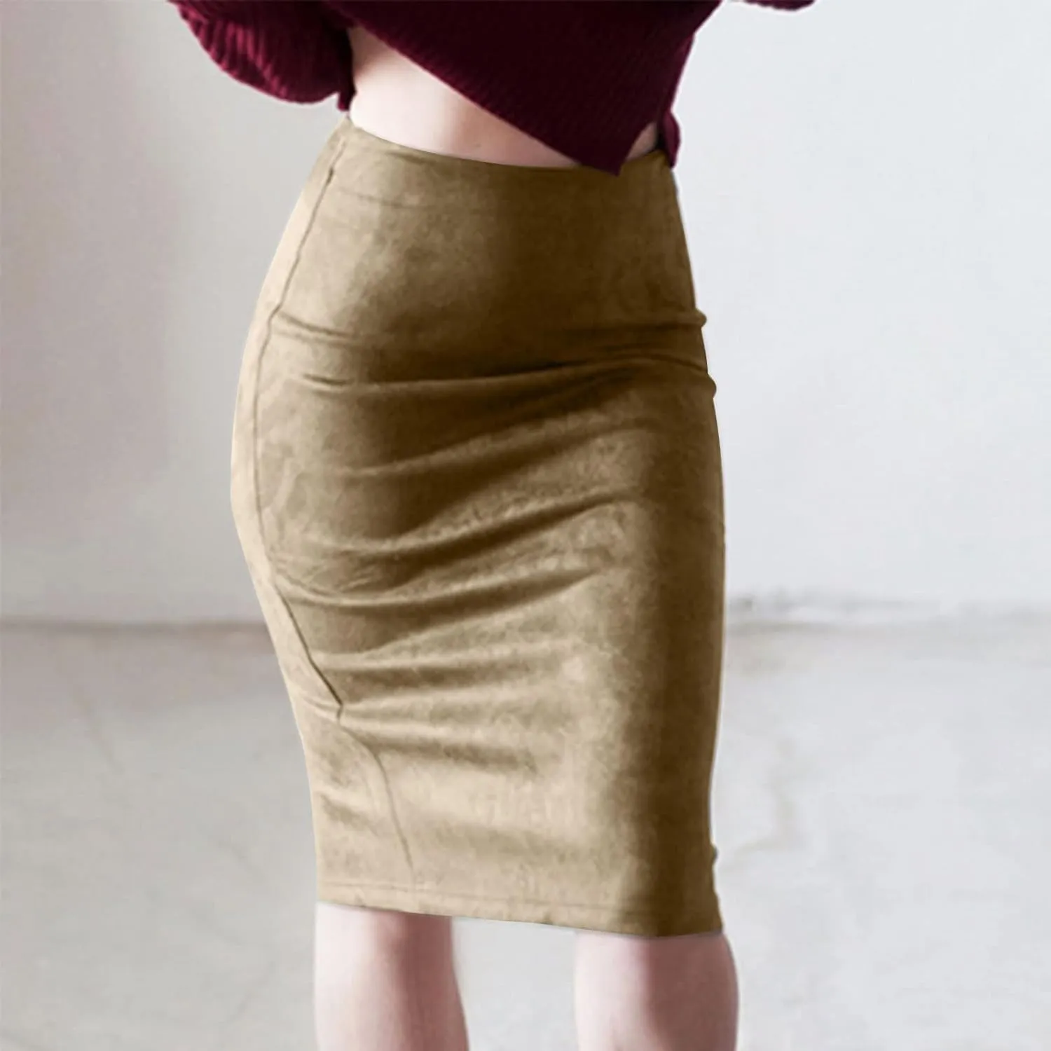 Women's Faux Suede Bodycon Skirt Vintage High Waist Pencil Midi Skirts Stretch Soft Comfort Casual Solid Dress