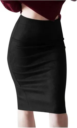 Women's Faux Suede Bodycon Skirt Vintage High Waist Pencil Midi Skirts Stretch Soft Comfort Casual Solid Dress