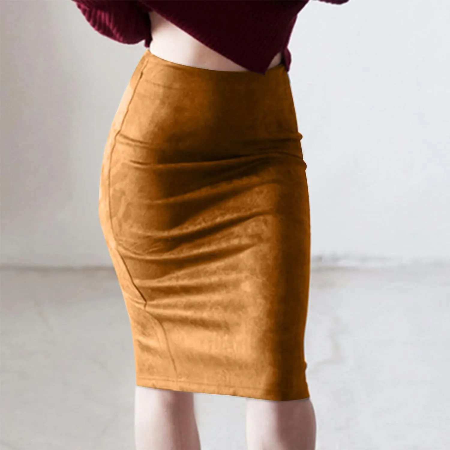 Women's Faux Suede Bodycon Skirt Vintage High Waist Pencil Midi Skirts Stretch Soft Comfort Casual Solid Dress