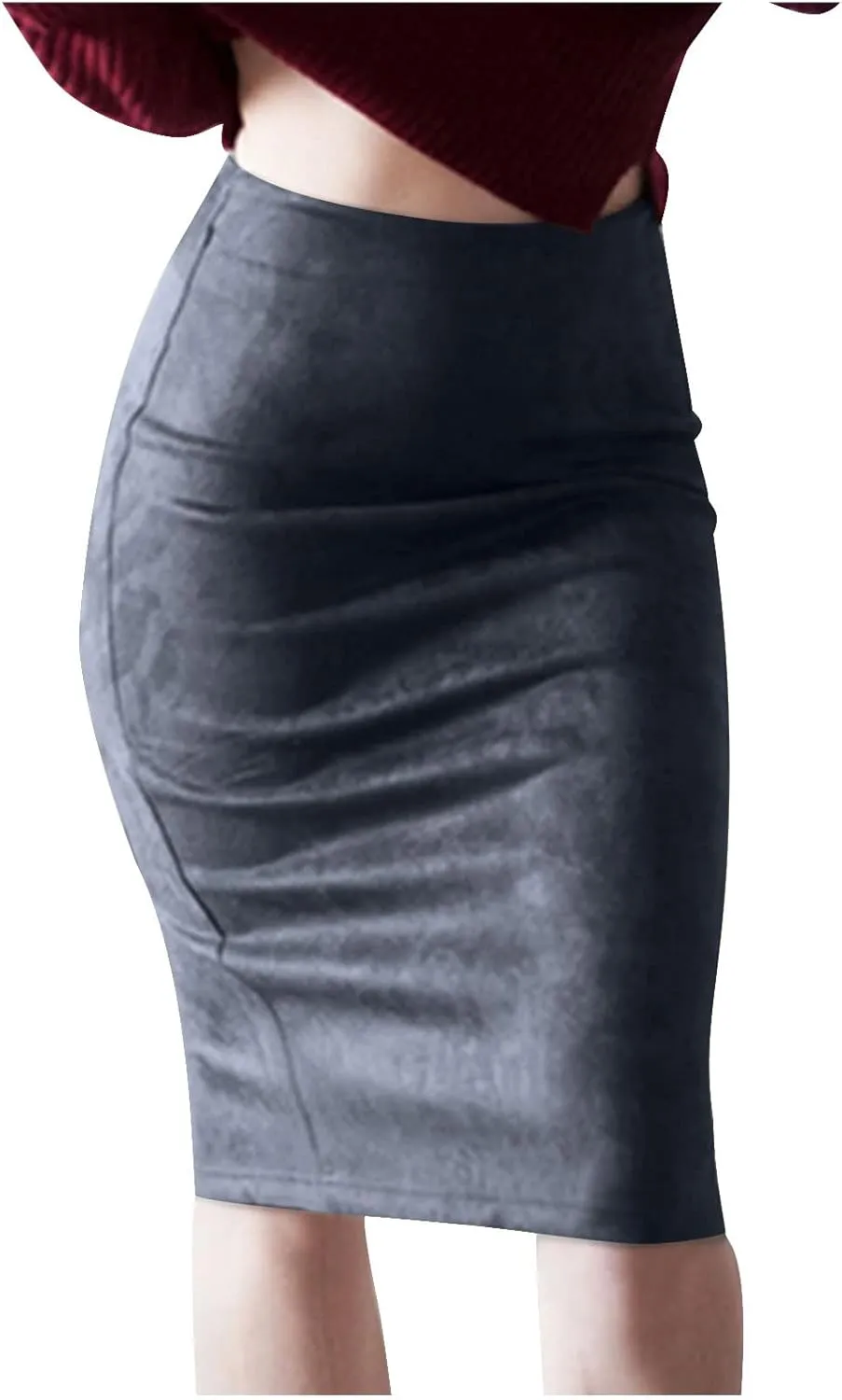 Women's Faux Suede Bodycon Skirt Vintage High Waist Pencil Midi Skirts Stretch Soft Comfort Casual Solid Dress