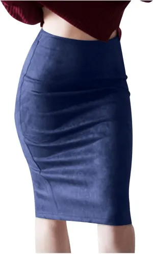 Women's Faux Suede Bodycon Skirt Vintage High Waist Pencil Midi Skirts Stretch Soft Comfort Casual Solid Dress