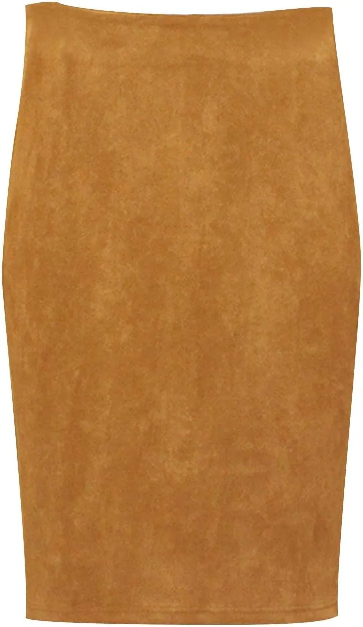 Women's Faux Suede Bodycon Skirt Vintage High Waist Pencil Midi Skirts Stretch Soft Comfort Casual Solid Dress