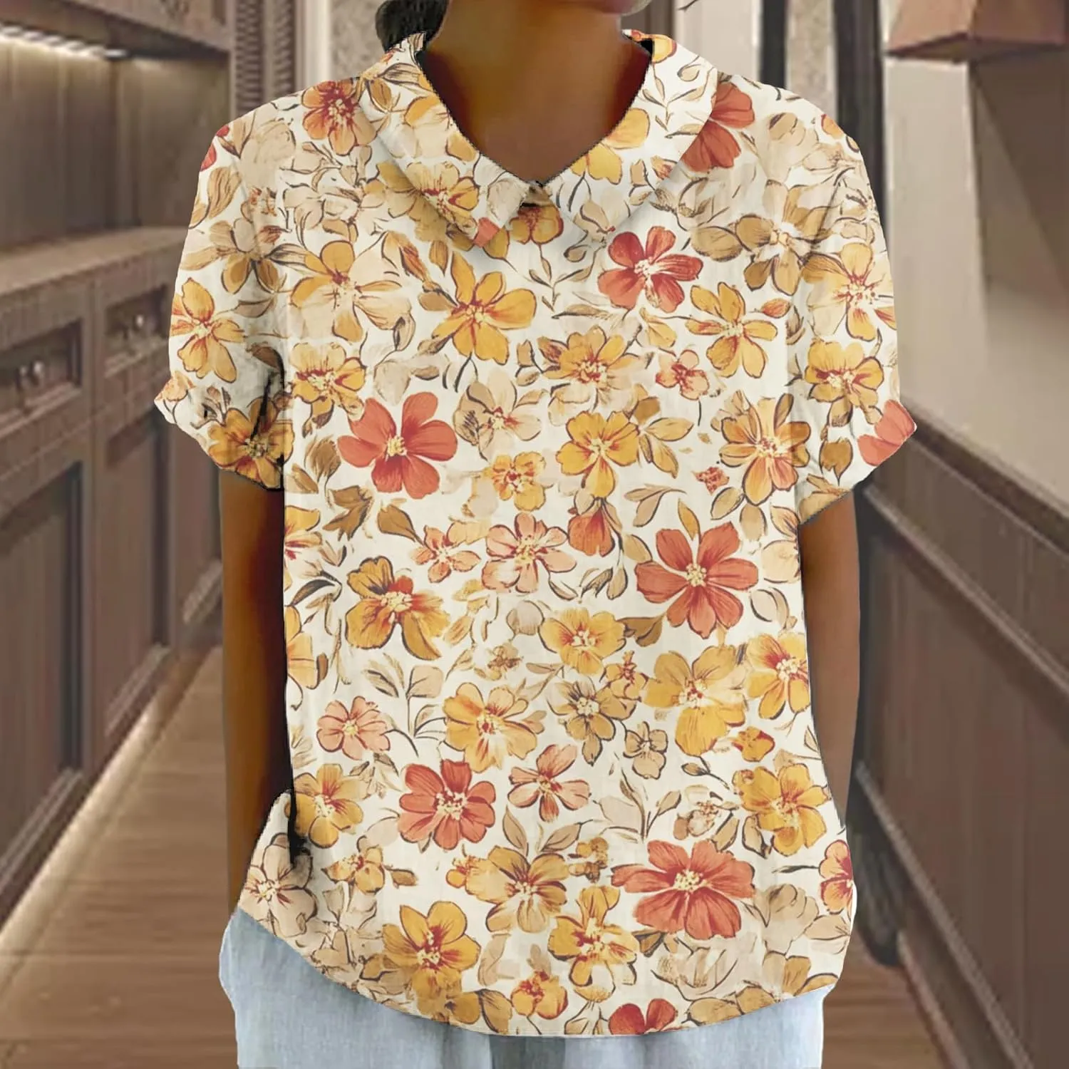 Womens Floral Tshirt Shirts Boho Summer Tops Short Sleeve Collared Fashion Linen Cotton Blouses Graphic Tees