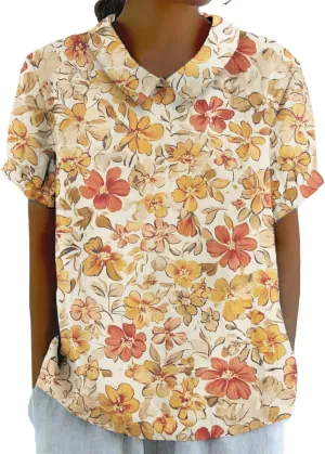 Womens Floral Tshirt Shirts Boho Summer Tops Short Sleeve Collared Fashion Linen Cotton Blouses Graphic Tees