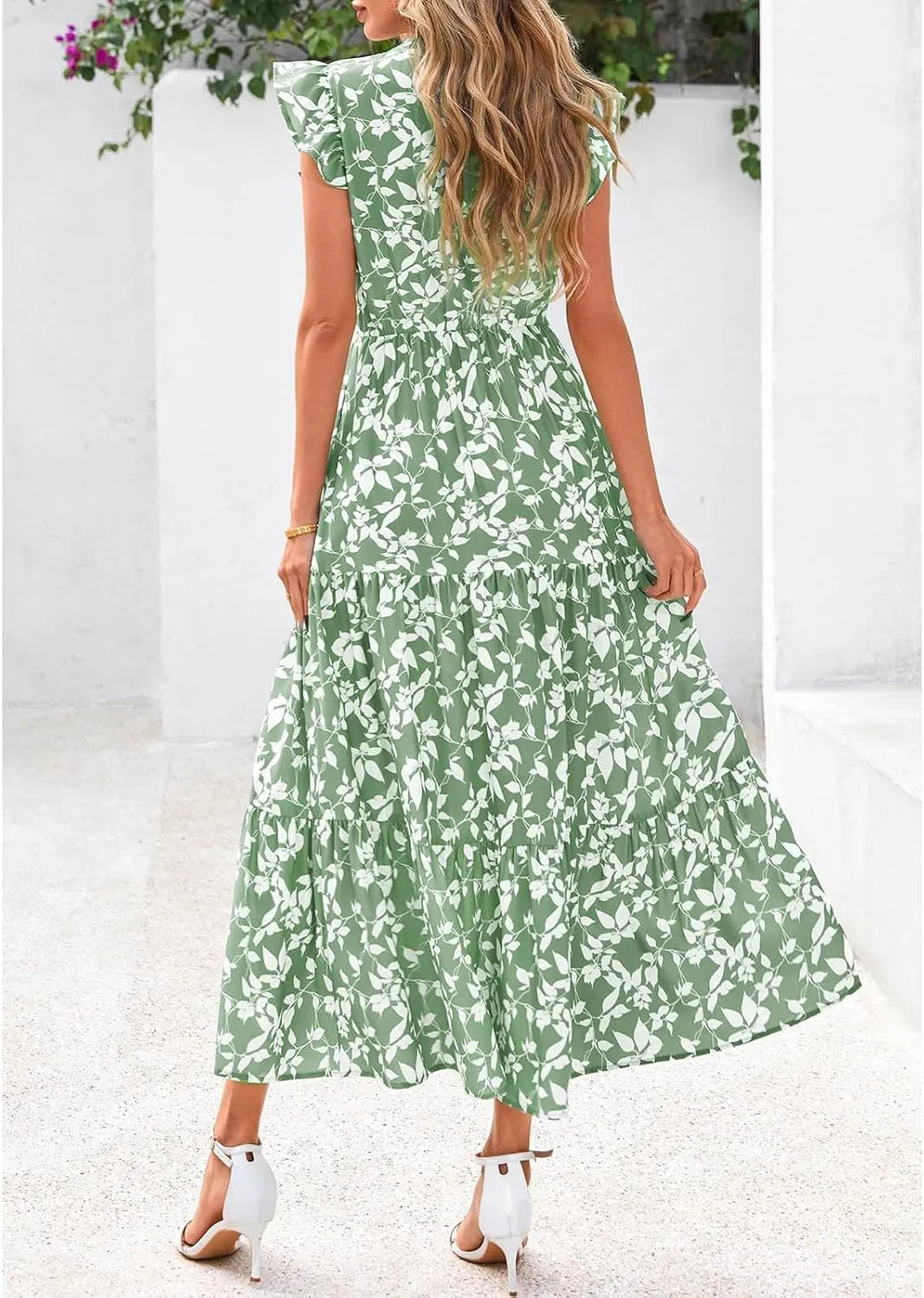 Women's Floral Wrap V-Neck Midi Dress Short Sleeve Boho Summer Beach Long Dress High Low Hem Smocked Dress Women
