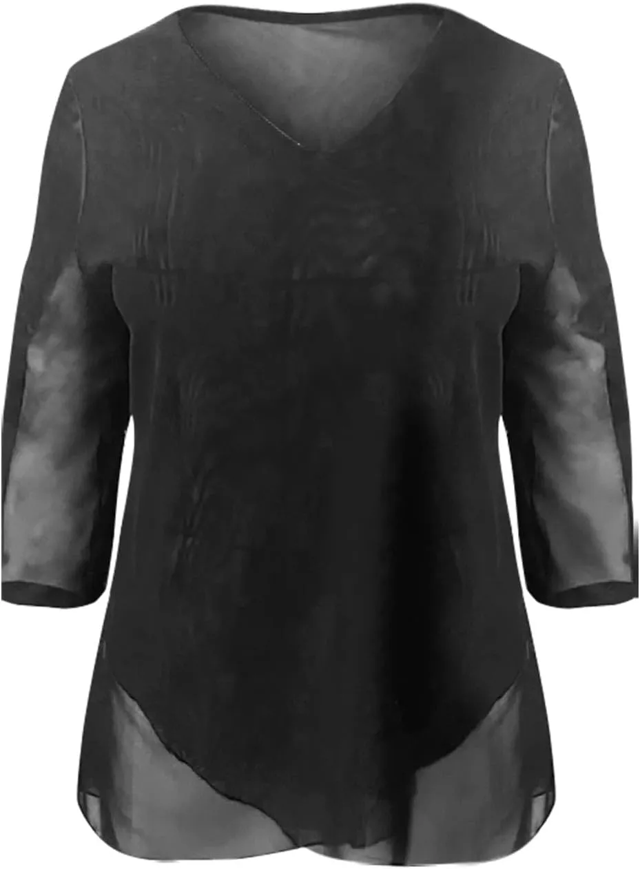 Womens Gauze T Shirts Summer Casual V Neck Long Sleeve Irregular Hem Mesh Sheer Tops Floral Print Boho Holiday Blouse