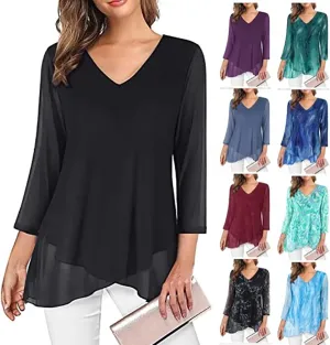 Womens Gauze T Shirts Summer Casual V Neck Long Sleeve Irregular Hem Mesh Sheer Tops Floral Print Boho Holiday Blouse