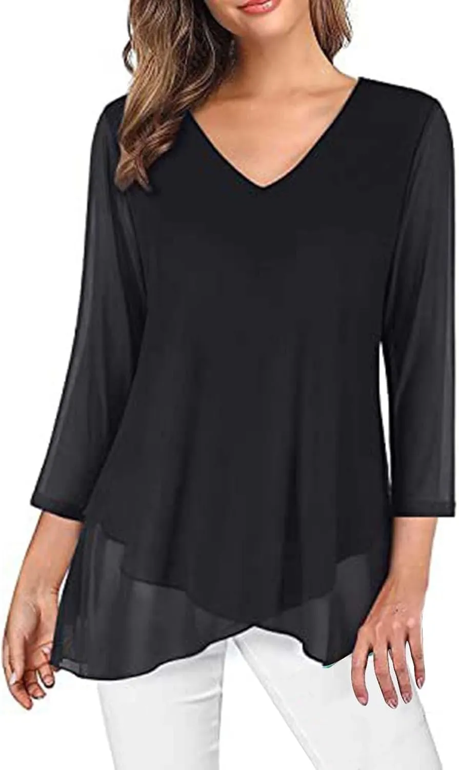 Womens Gauze T Shirts Summer Casual V Neck Long Sleeve Irregular Hem Mesh Sheer Tops Floral Print Boho Holiday Blouse