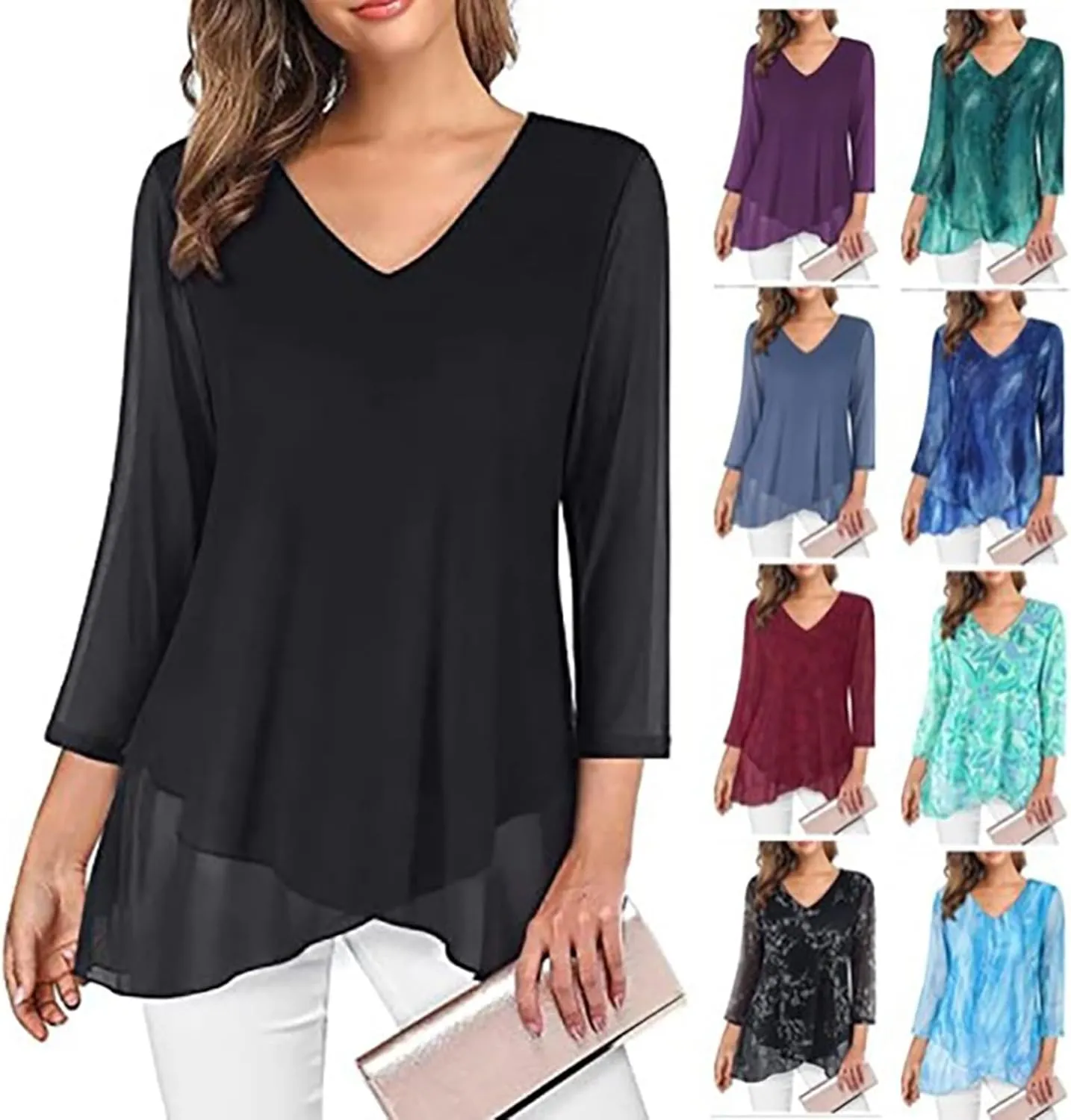 Womens Gauze T Shirts Summer Casual V Neck Long Sleeve Irregular Hem Mesh Sheer Tops Floral Print Boho Holiday Blouse