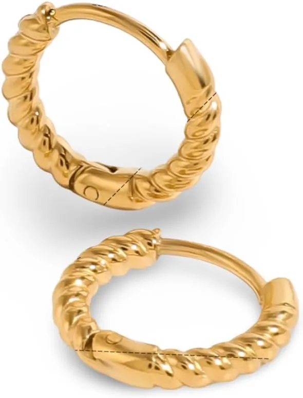 Women's Gold Plated Stainless Steel Twisted Rope Hoop Earrings, Minimalist Huggie Style, 12mm