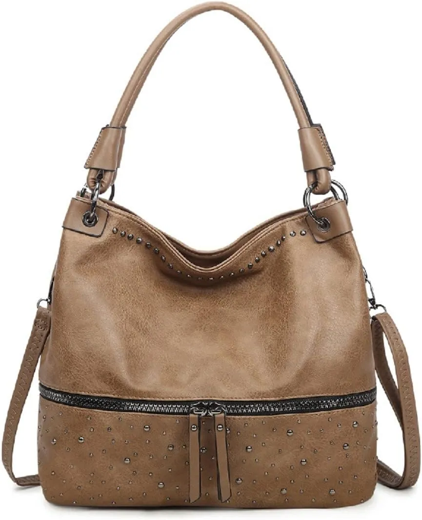 Women's Handbag PU Leather Shoulder Bag Rivets Satchel Fashion Purse Hobo Tote Top-Handle Crossbody Bag