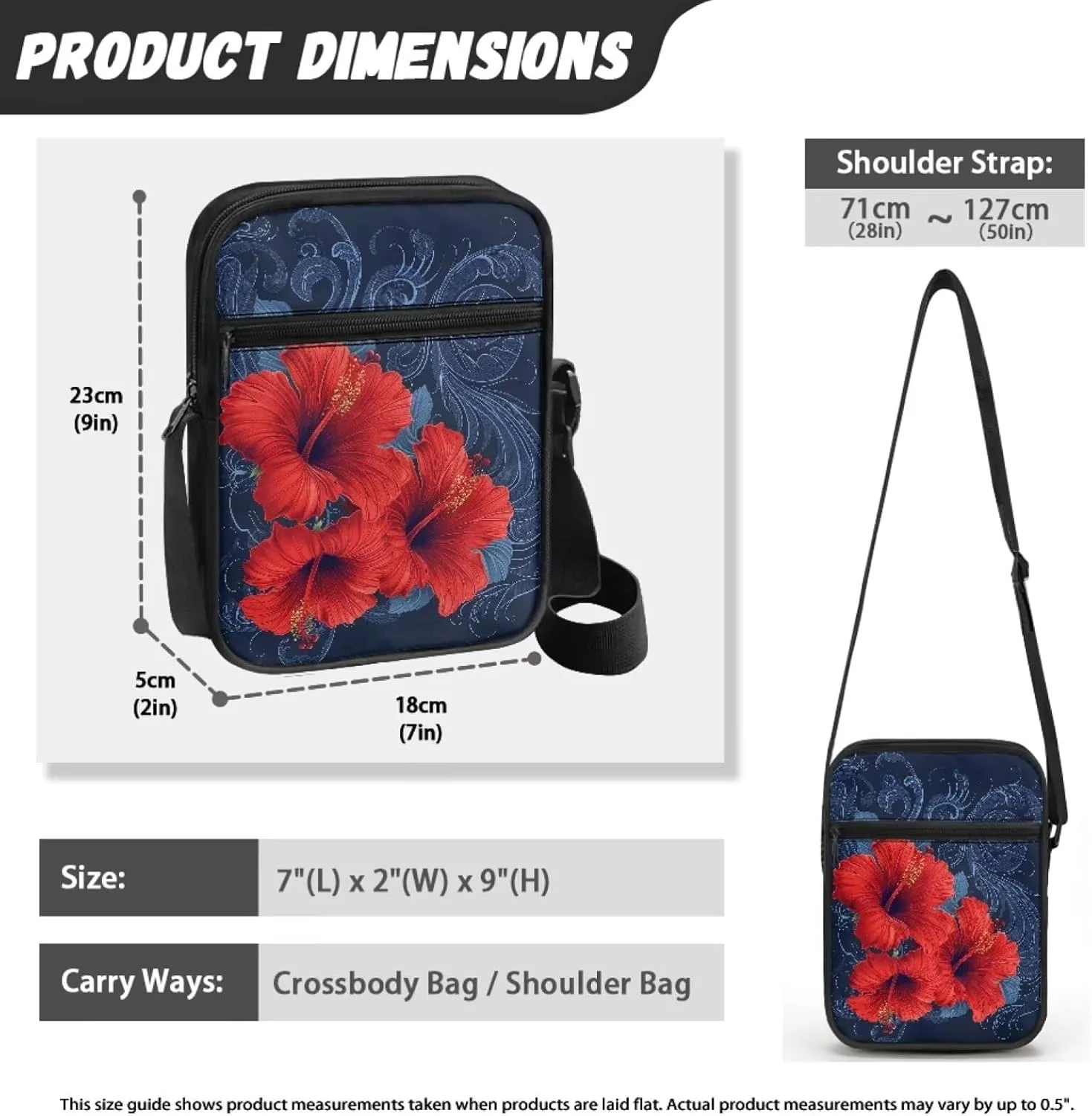 Women's Hibiscus Flower Crossbody Bag, Zip Small Messenger Shoulder Storage Bags