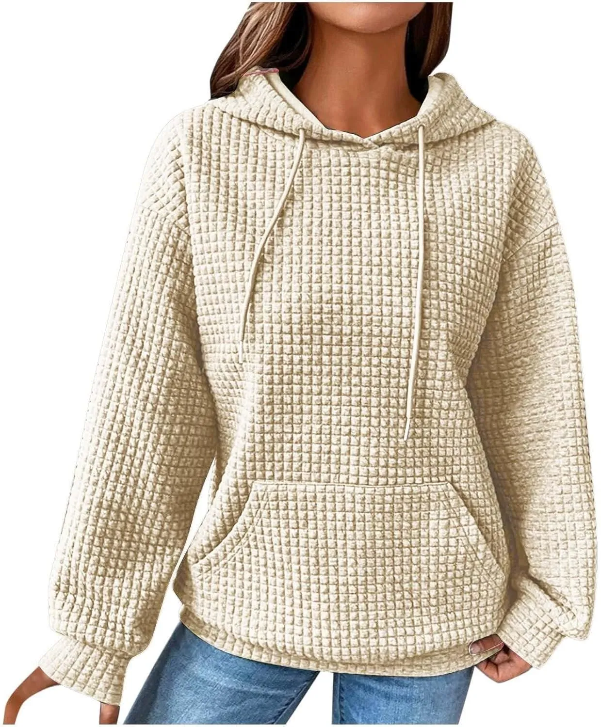 Womens Hoodies Fall Winter Waffle Knit Drawstring Cute Sweatshirts with Pocket Trendy Pullover