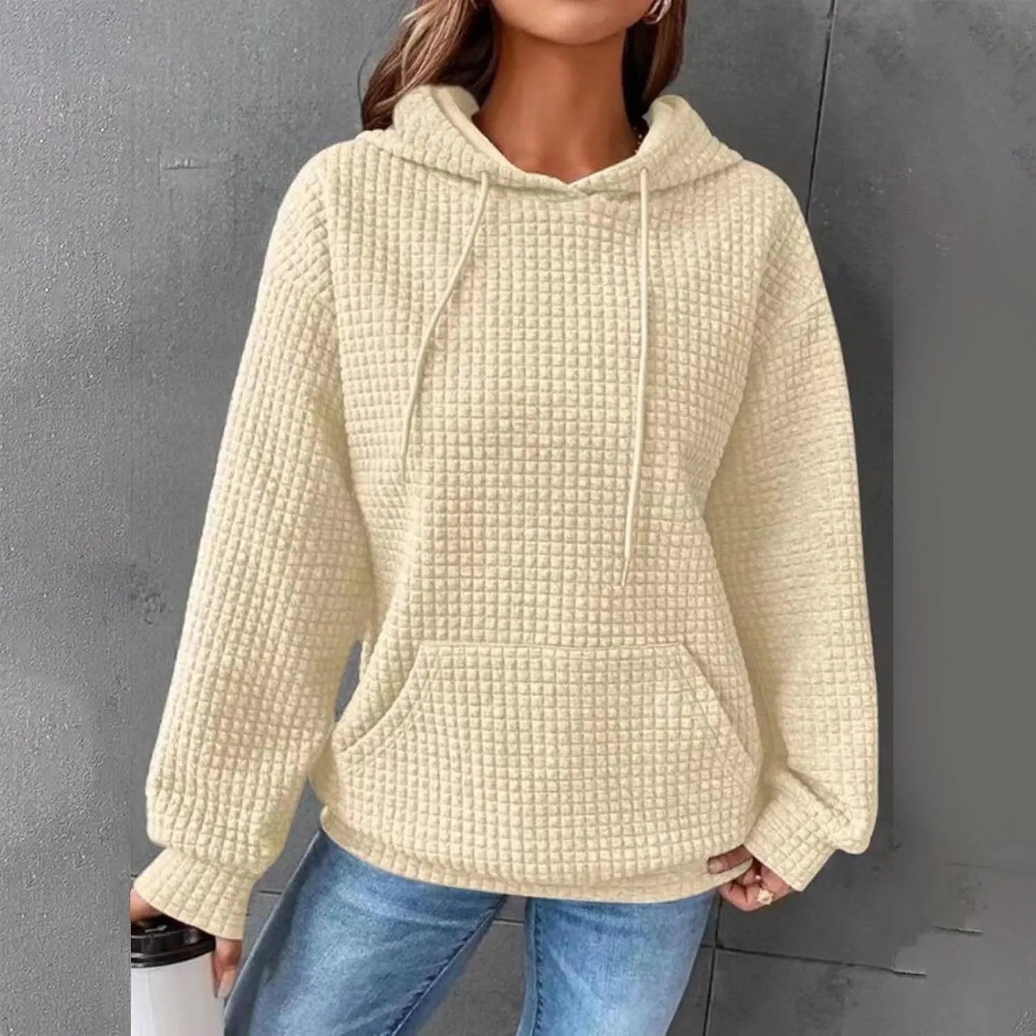 Womens Hoodies Fall Winter Waffle Knit Drawstring Cute Sweatshirts with Pocket Trendy Pullover