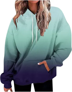 Women's Hoodies Oversized Gradient Long Sleeve Casual Sweatshirts Plus Size Drawstring Large Pocket Pullover Tops