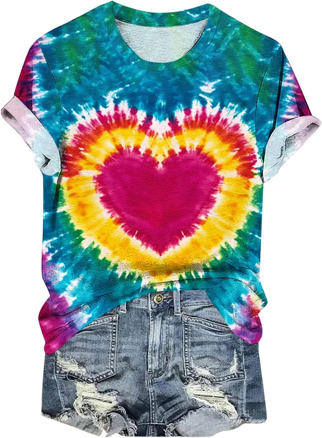 Women's Juniors Heart Tie Dye Short Sleeve T Shirt Plus Size Summer Tops Casual Loose Rainbow Tees Hip Hop Shirts