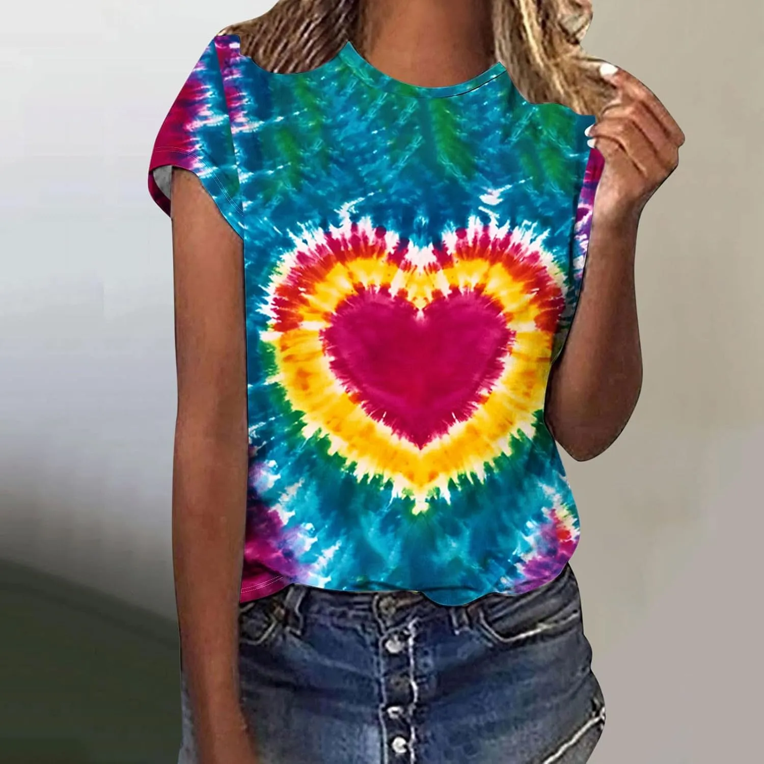Women's Juniors Heart Tie Dye Short Sleeve T Shirt Plus Size Summer Tops Casual Loose Rainbow Tees Hip Hop Shirts