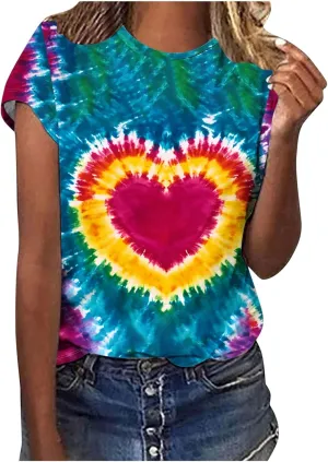 Women's Juniors Heart Tie Dye Short Sleeve T Shirt Plus Size Summer Tops Casual Loose Rainbow Tees Hip Hop Shirts