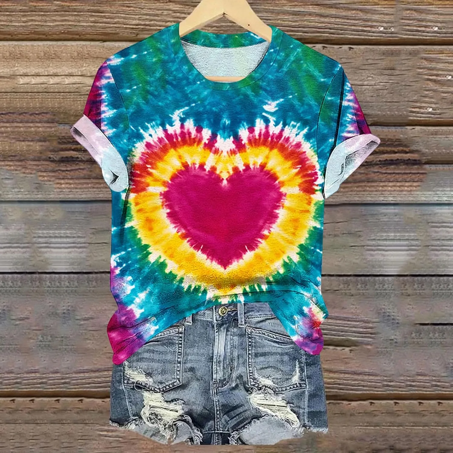 Women's Juniors Heart Tie Dye Short Sleeve T Shirt Plus Size Summer Tops Casual Loose Rainbow Tees Hip Hop Shirts