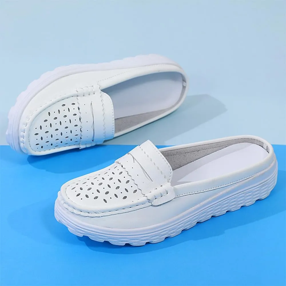 Women's Leather Closed Toe Clogs,Comfort Cutout Arch Support Softsole Slip-On Mules Loafers Slides