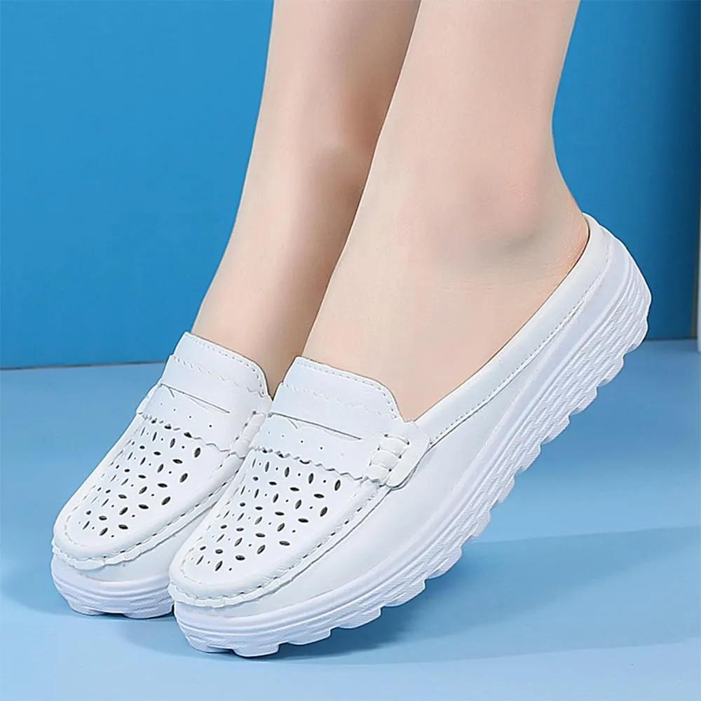 Women's Leather Closed Toe Clogs,Comfort Cutout Arch Support Softsole Slip-On Mules Loafers Slides