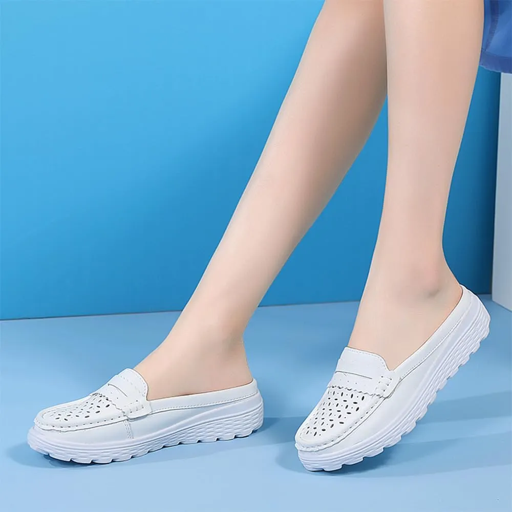 Women's Leather Closed Toe Clogs,Comfort Cutout Arch Support Softsole Slip-On Mules Loafers Slides