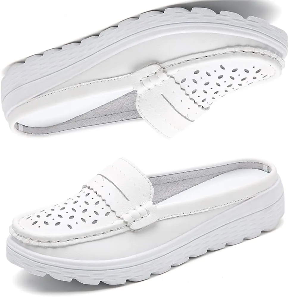 Women's Leather Closed Toe Clogs,Comfort Cutout Arch Support Softsole Slip-On Mules Loafers Slides