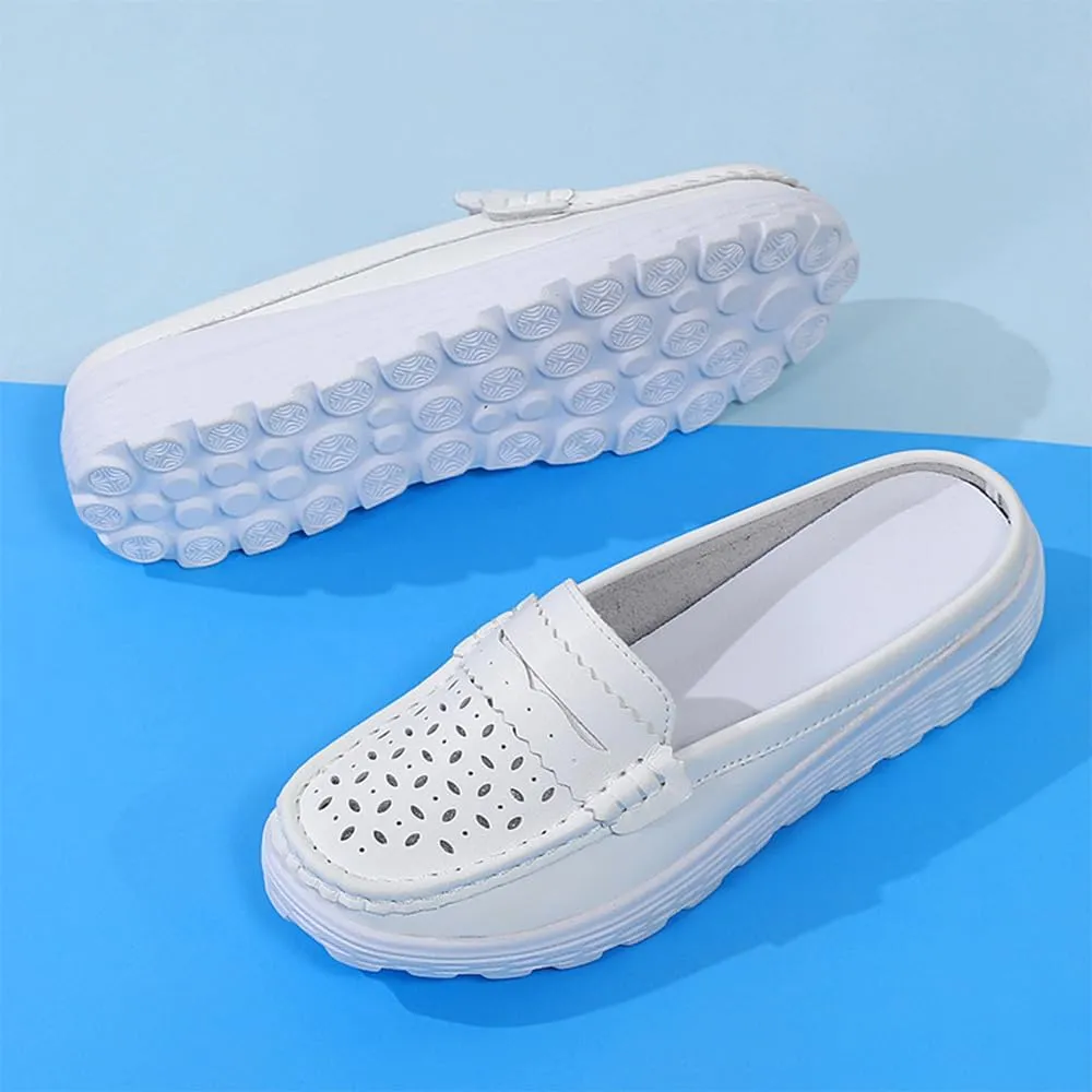 Women's Leather Closed Toe Clogs,Comfort Cutout Arch Support Softsole Slip-On Mules Loafers Slides