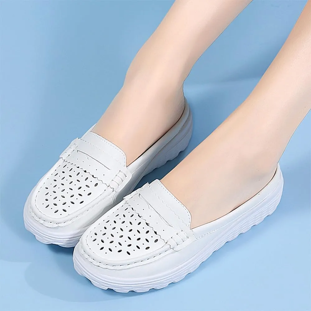 Women's Leather Closed Toe Clogs,Comfort Cutout Arch Support Softsole Slip-On Mules Loafers Slides