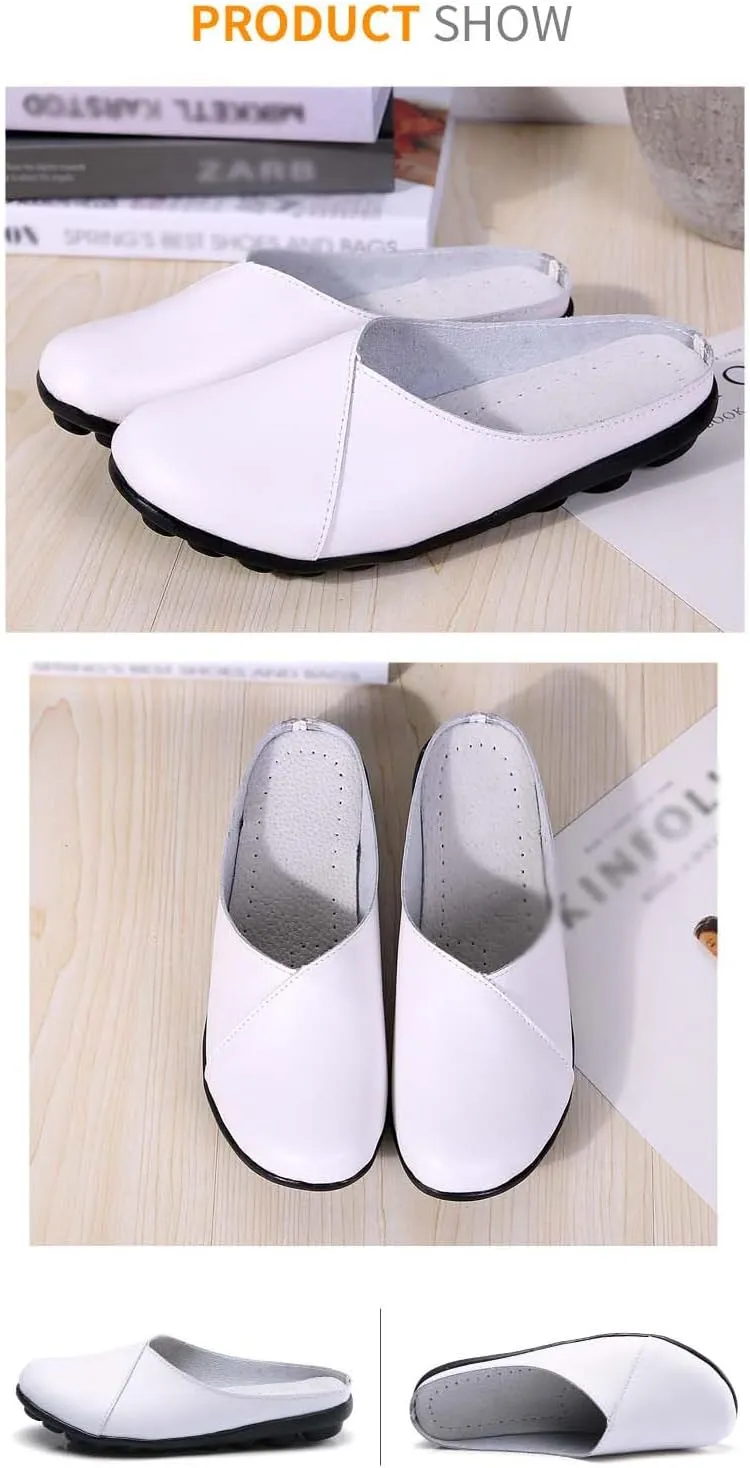 Women's Leather Mules Backless Loafers Slip-on Round Toe Flat Shoes Closed Toe Comfortable Summer Slipper Non-Slip Flat Shoes