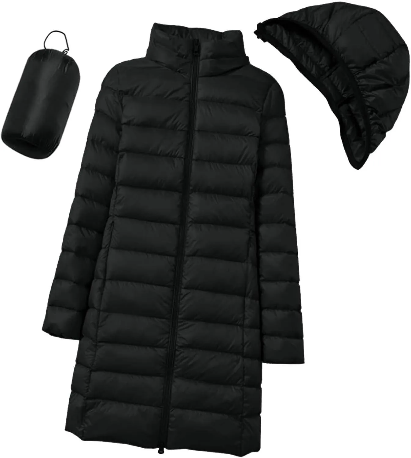 Women's Lightweight Hooded Down Jacket Winter Warm Packable Puffer Insulated Coats Slim Fit Mid Length Down Coat