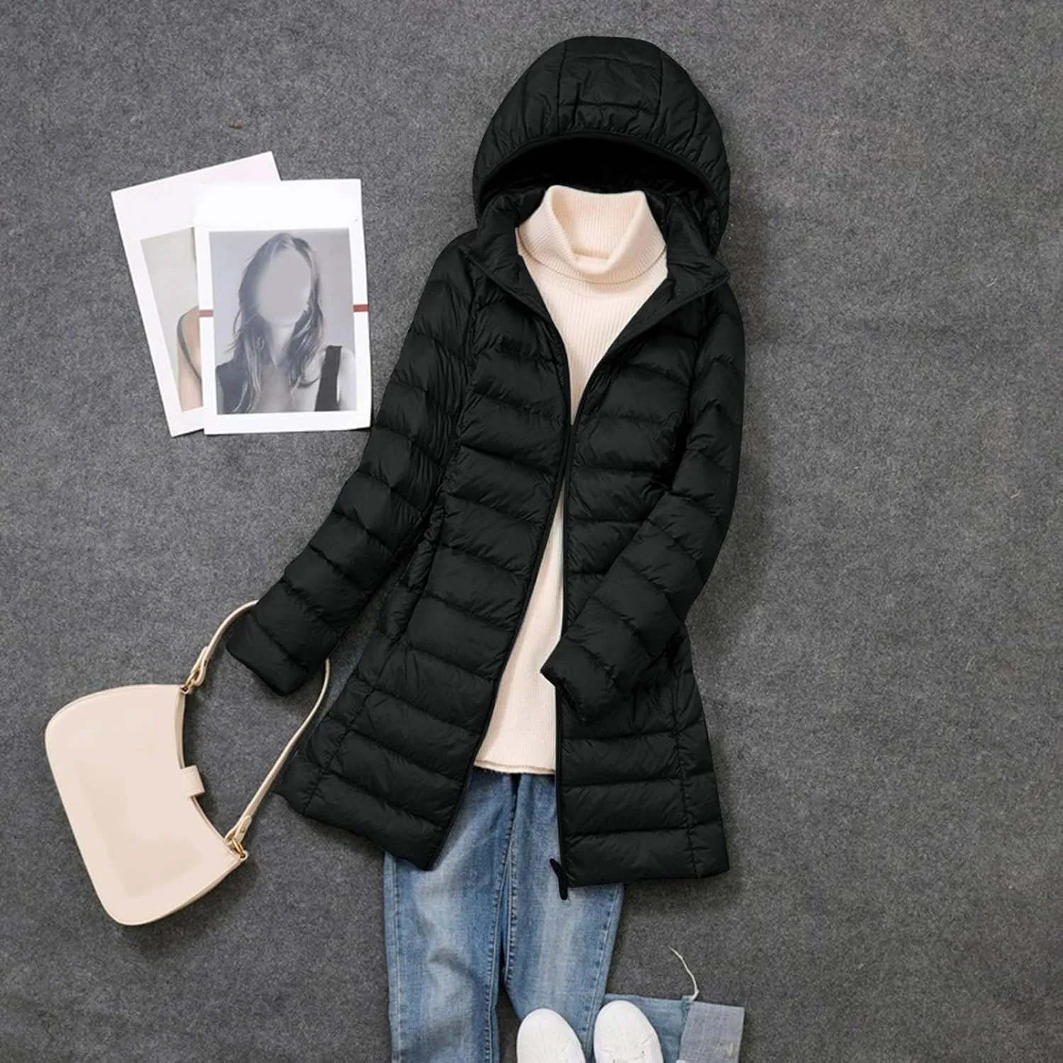 Women's Lightweight Hooded Down Jacket Winter Warm Packable Puffer Insulated Coats Slim Fit Mid Length Down Coat
