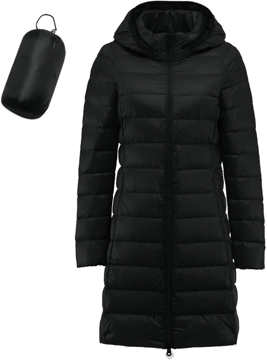 Women's Lightweight Hooded Down Jacket Winter Warm Packable Puffer Insulated Coats Slim Fit Mid Length Down Coat